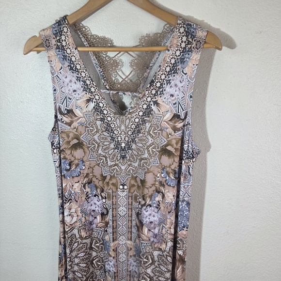 One World Womens XL Boho Maxi Dress Lace Back Crochet Floral Stretch - Picture 9 of 11